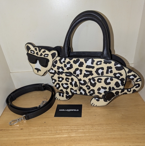 Karl Lagerfeld Handbags - Karl Lagerfeld Leopard Cat Satchel in Cream & Black